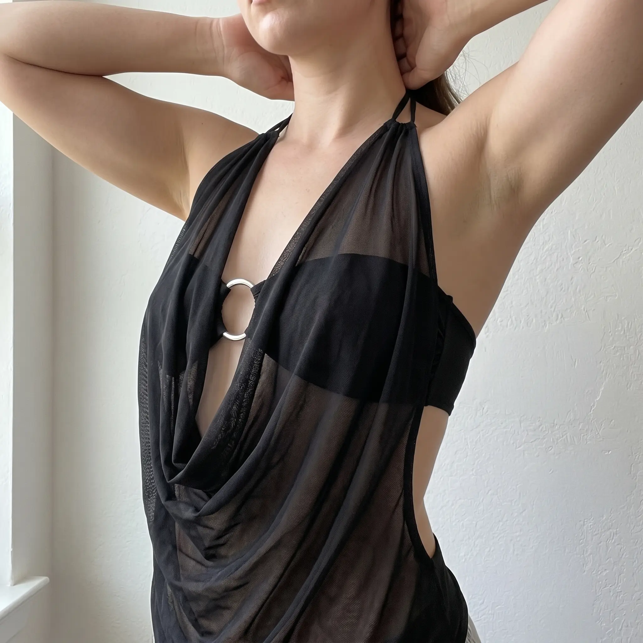 Women's Black Plunging Cowl Neck Halter Top - Y2K Sheer Mesh Silver O-Ring Cutout Top, Backless Night Out Going Out Cami