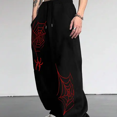 Men's Spider Web Print Drawstring Waist Sport Pants, Comfortable Running Trousers, Classic Versatile Sweatpants, Sporty Casual Sweatpants