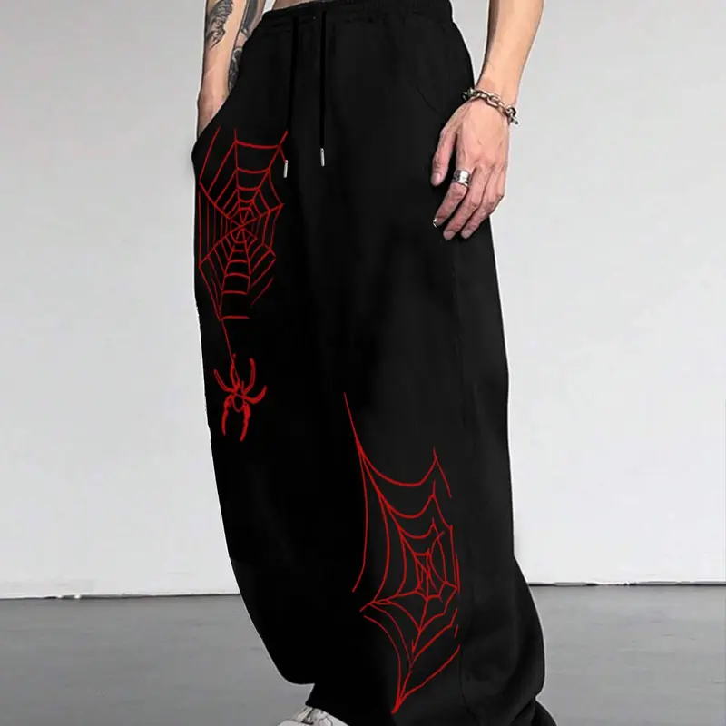 Men's Spider Web Print Drawstring Waist Sport Pants, Comfortable Running Trousers, Classic Versatile Sweatpants, Sporty Casual Sweatpants