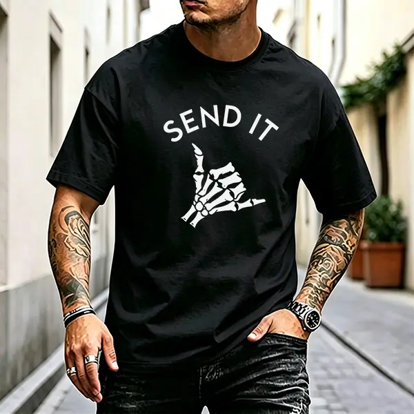 Men’s "SEND IT" Skeleton Gesture Print Short-Sleeve T-Shirt - American Streetwear Top, Loose Casual Fit, Round Neck, Comfortable, Breathable, Versatile for Everyday Outings & Trendy Outfits