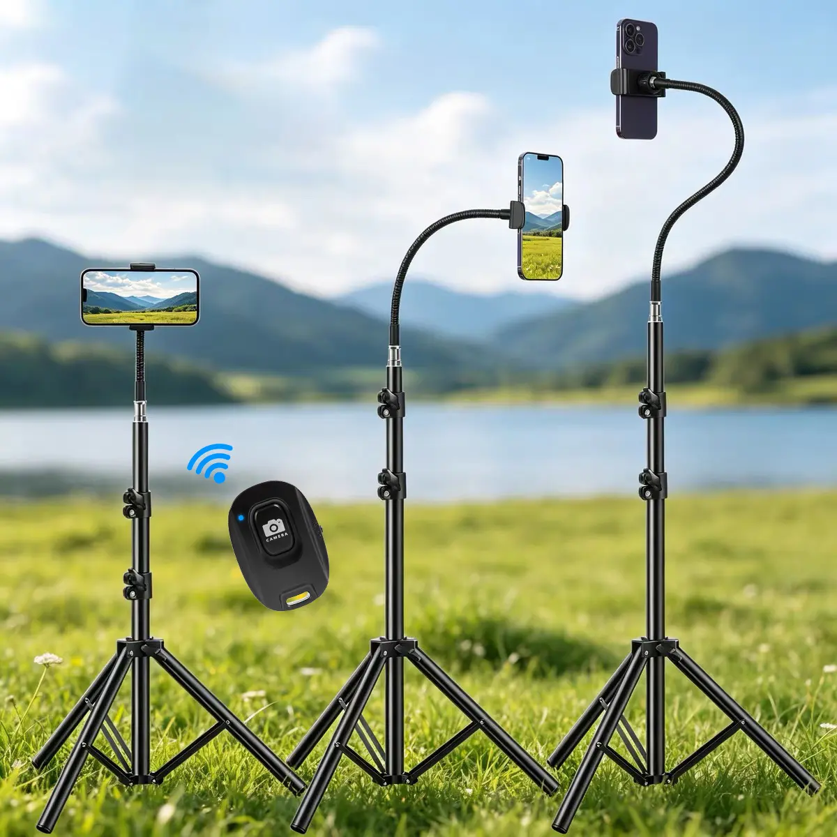 UEGOGO 63in Tall Mobile Phone Tripod - Flexible Gooseneck, Wireless Bluetooth Remote, Handheld Stick, Clip - Portable Aluminum Smartphone Stand Accessories for Selfies, Video Recording - Compatible with iPhone, Android Devices, Landscape Shots, Adjustable