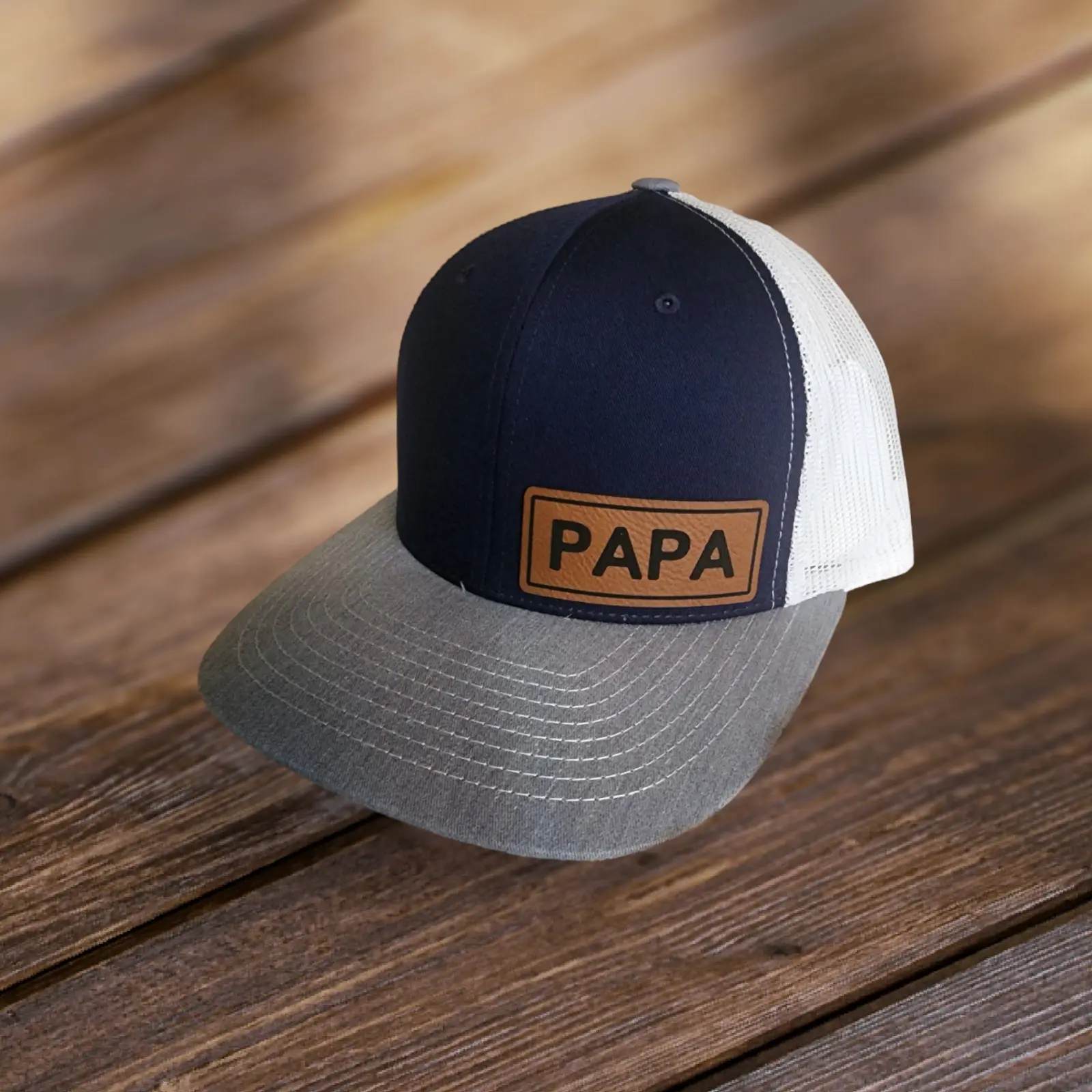 Traditional baseball cap with "PAPA" leather patch