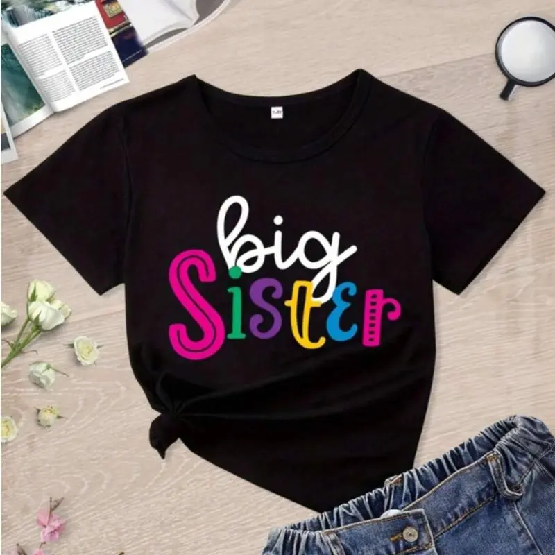 Girls' Big Sister Graphic Knitting T-Shirt - Black Casual Short Sleeve Cotton Fabric Top, Colorful Lettering, Playful Design, Soft Summer Tee for 1-14Y, 3-4Y, 4-5Y, 5-6Y, 11-12Y, 12-13Y