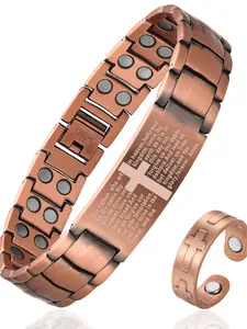 Men's Adjustable Pure Copper Bracelet with Powerful Magnets, Cross Pattern Design, Includes Magnetic Tool, Durable Casual Jewelry Gift