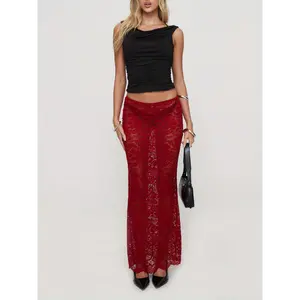 Women's Sexy Sheer Lace Floral Skinny Skirt - Long Semi-Sheer Burgundy Skirt for Spring Summer Fall, Machine Washable Lightweight Beach Travel Casual Outfits, Summer Fashion, Feminine Flair, Elegant Fabric Womenswear Bottom