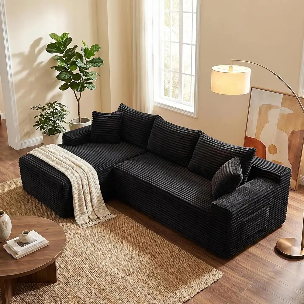 95" L-Shaped Cloud Sectional Couch, Modular Compressed Boneless Sectional Sofa with Chaise Lounge, Plush Corduroy Boneless Corner Sofa for Living Room, No Assembly Required