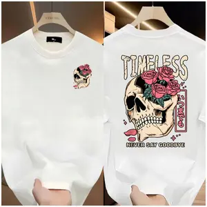 Rose print skull T-shirt, dark trend, round neck pure cotton texture, unique style, suitable for boyfriend and girlfriend, fashionable and loose, casual