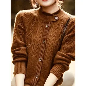 Elegant Brown Cable-Knit Cardigan with Decorative Buttons - Cozy Polyester, Round Neck, Long Sleeve Sweater for Women - Perfect for Fall/Winter, Machine Washable