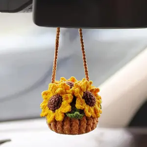 Cute Crochet Plant for Car Rear View Mirror,Boho Handmade Car Mirror Hanging Accessories for Women Girls,Green Interior Aesthetic Decor Truck Hanger Ornament Charm for Men（Sunflower）