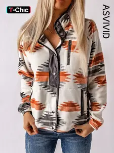 Women's Ethnic Pattern Button Front Pocket Jacket, Casual Western Style Raglan Sleeve Stand Collar Zipper Outerwear Coats, Ladies Clothes for Daily Wear