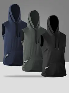 Three piece men's sleeveless hooded top, simple sporty style with a hood design adds casualness, large front pocket convenient for storing items like phones, drawstring adjustment fits snugly around the head, lightweight and breathable fabric, unrestricte