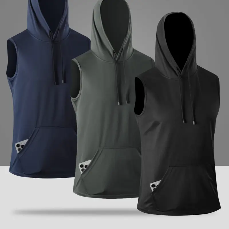 Men's 3-Piece Athletic Sleeveless Hooded T-Shirt - Layered Sleeve Design, Fitted Sporty Style, Casual Hood, Large Front Phone Pocket, Drawstring Adjustment, Lightweight Breathable Fabric, Cool Feel, Unrestricted Movement, Normal Type, Machine Washable