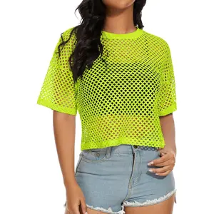 Women's Mesh Fishnet Top See Through Cover Up Short Sleeves Womenswear Basic Crewneck Minimalist Casual Summer Style Shortsleeve Streetwear Breathable T Shirts Tshirt