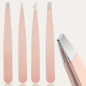 Pink Eyebrow Tweezers Set, 4 Counts Stainless Steel Tweezers, Precision Slant Tip Angle Tip Pointed Tip Tweezers for Eyebrow Hair Facial Hair Removal, Makerup Tools