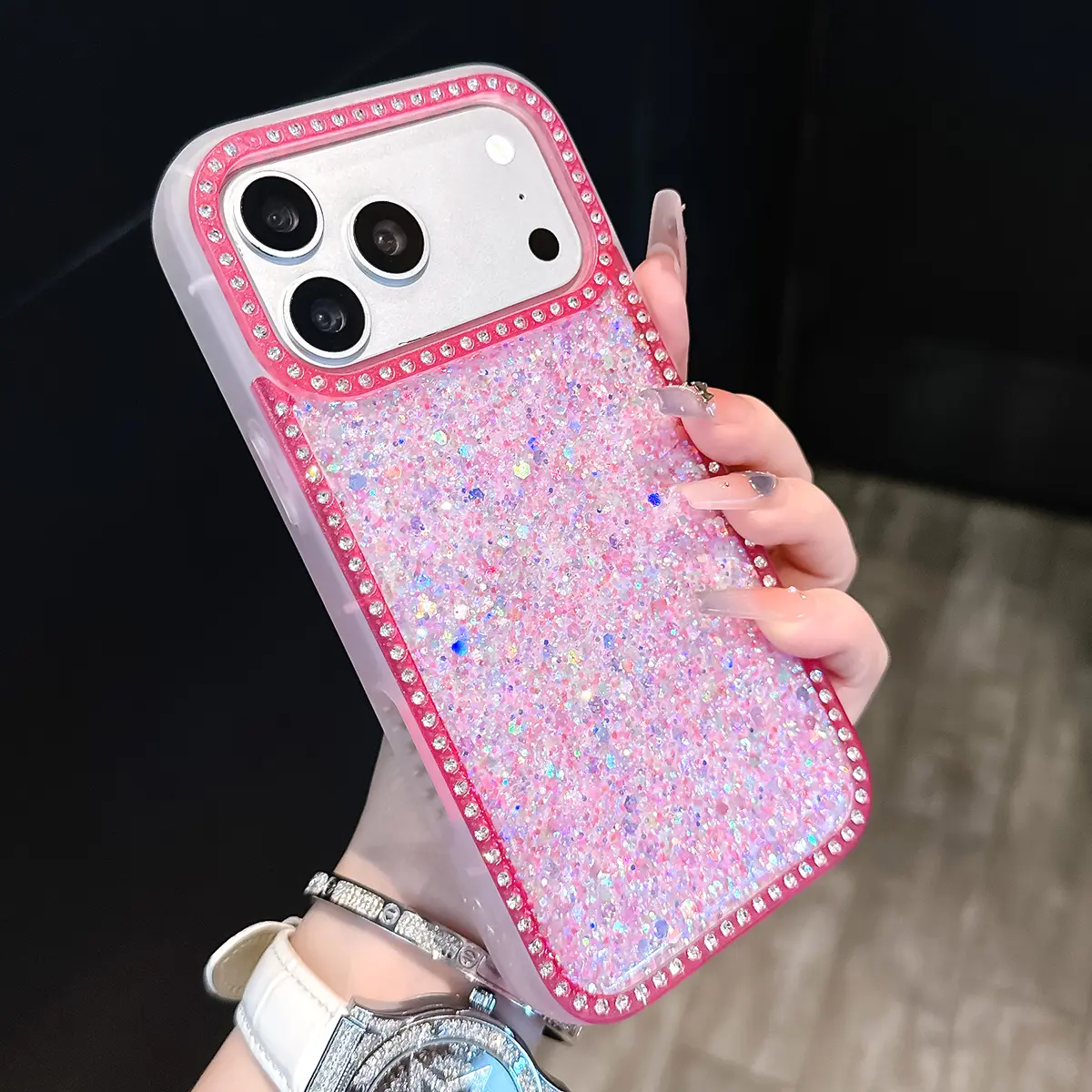 Glitter Phone Case with Bling Rhinestone Camera Bumper, Sparkly Anti-Scratch Shockproof Cover, Cute Girly Luxury Design for iPhone 17 16 15 14 13 12 11 Pro Max Air Plus