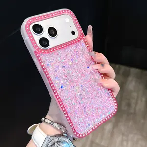 Glitter Phone Case with Bling Rhinestone Camera Bumper, Sparkly Anti-Scratch Shockproof Cover, Cute Girly Luxury Design for iPhone 17 16 15 14 13 12 11 Pro Max Air Plus