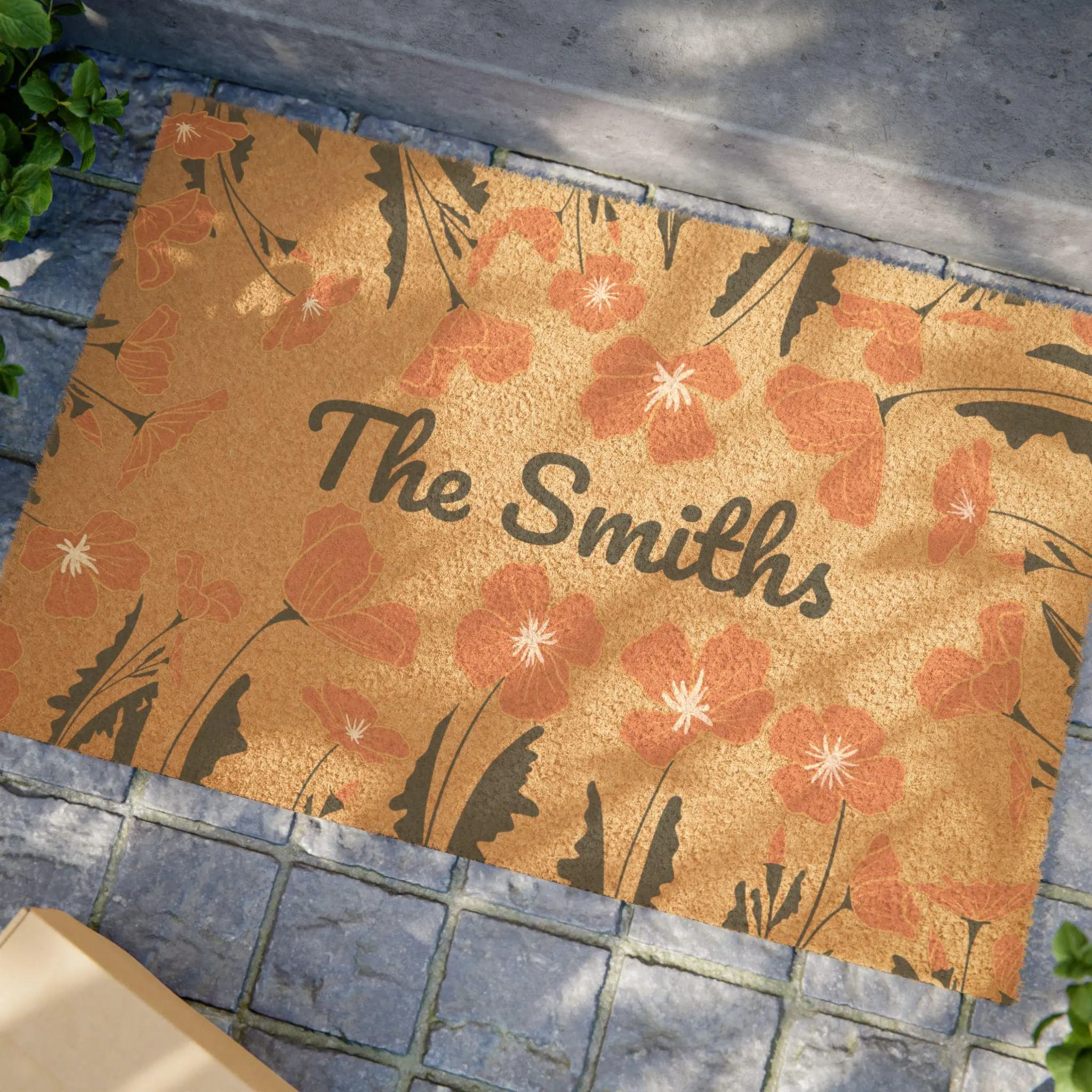 Personalized California Poppy Welcome Mat - Custom Floral Doormat with Family Name, Durable Coir, Anti-Slip Backing, 24" x 16" for Front Door Decor