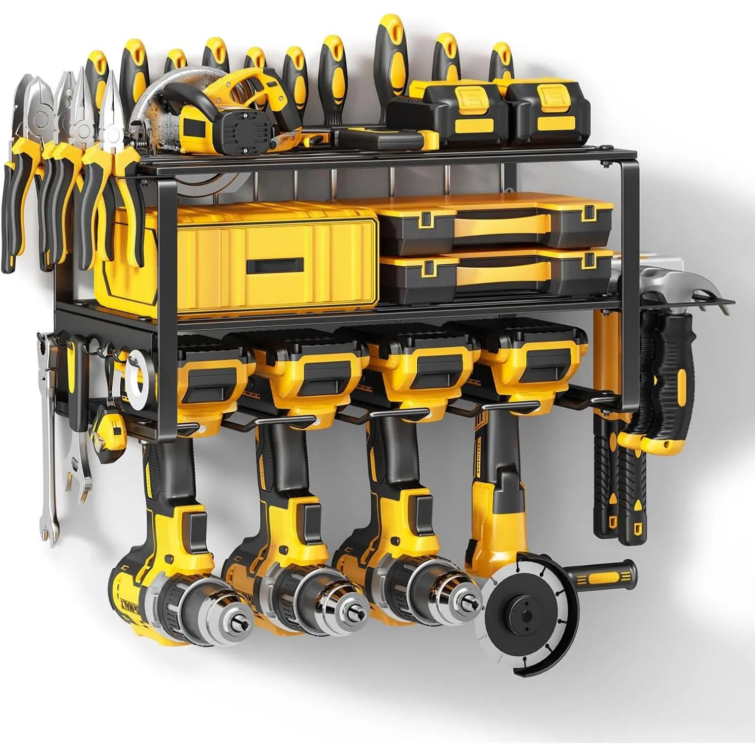 Power Tool Organizer Wall Mount - 150Lbs Load 3 Layers Storage Rack with 4 Drill Holders for Drills Cordless Tools. Heavy Duty Iron Garage Organizer