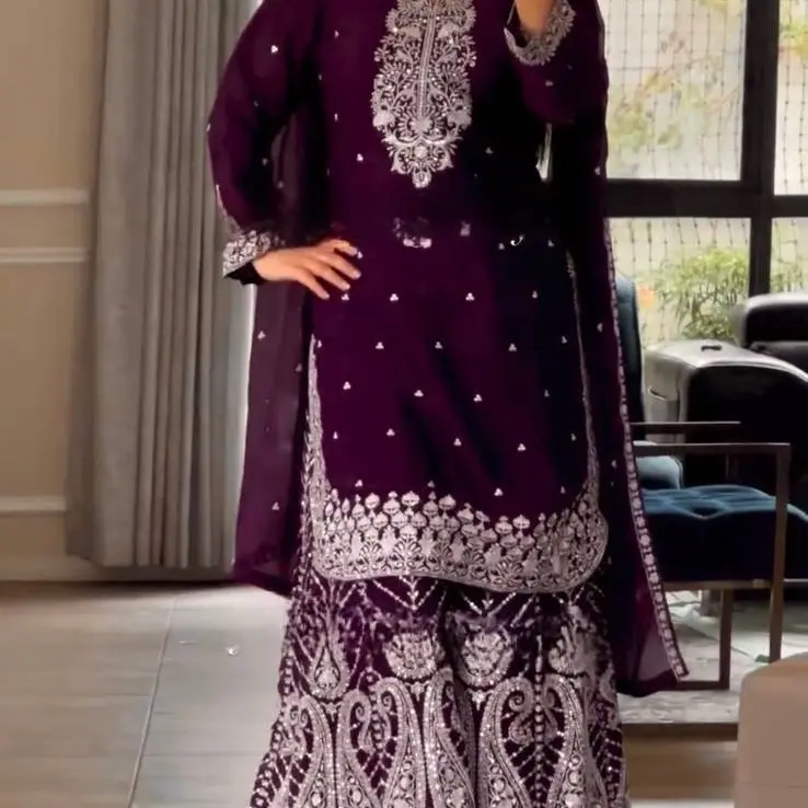 Women's Party Heavy Chinnon Silk Suit Indian Wedding Party Indian Pakistani Suit in Purple with Intricate Silver Embroidery