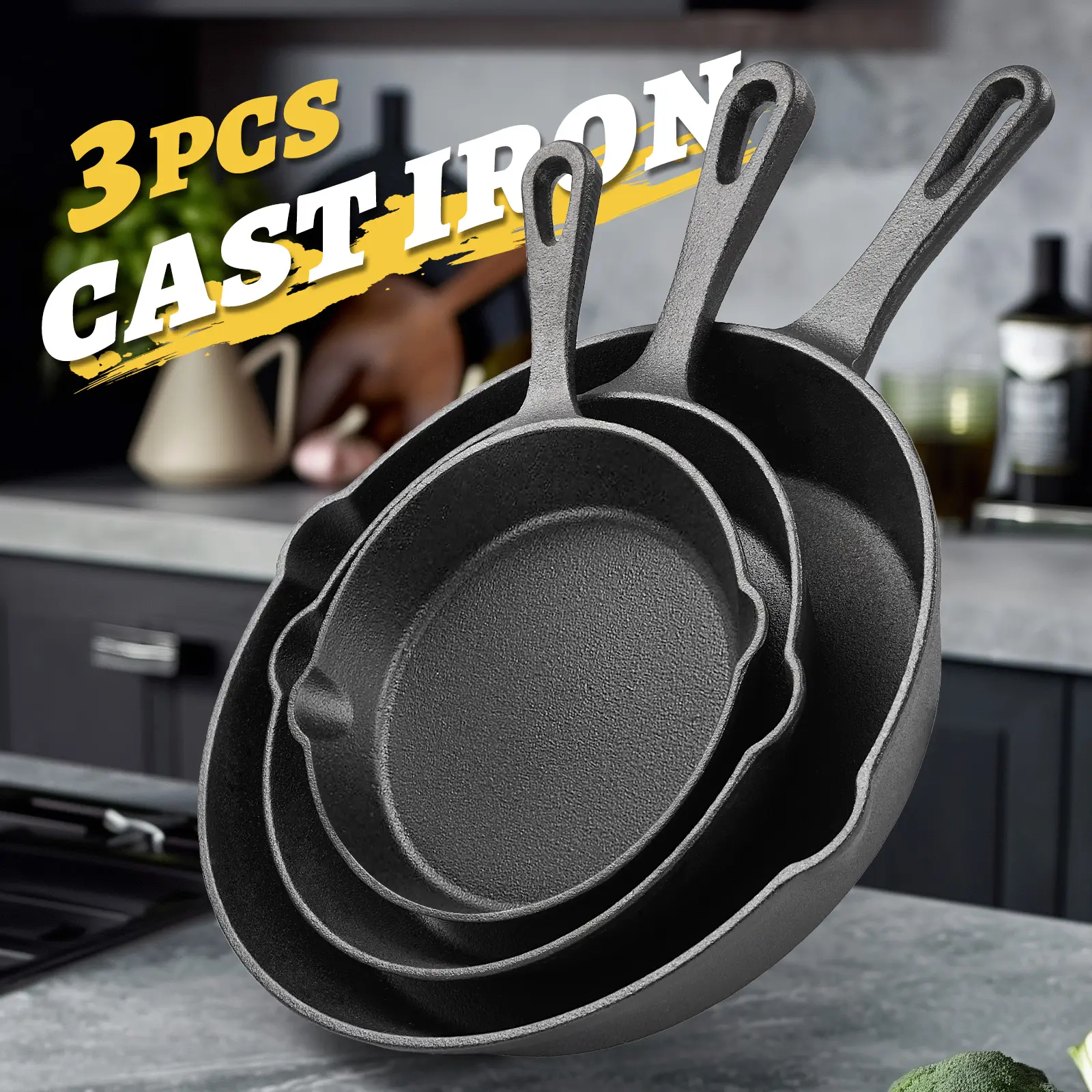 3pcs Cast Iron Bundle Cookware Set - Heavy-Duty Non-Stick Durable Cookware (Frying Pan, Skillet, Baking Dish) - Oil-Saving, Oven-Safe, Suitable for Indoor Kitchen & Outdoor Use - Ideal for Steak, Chicken