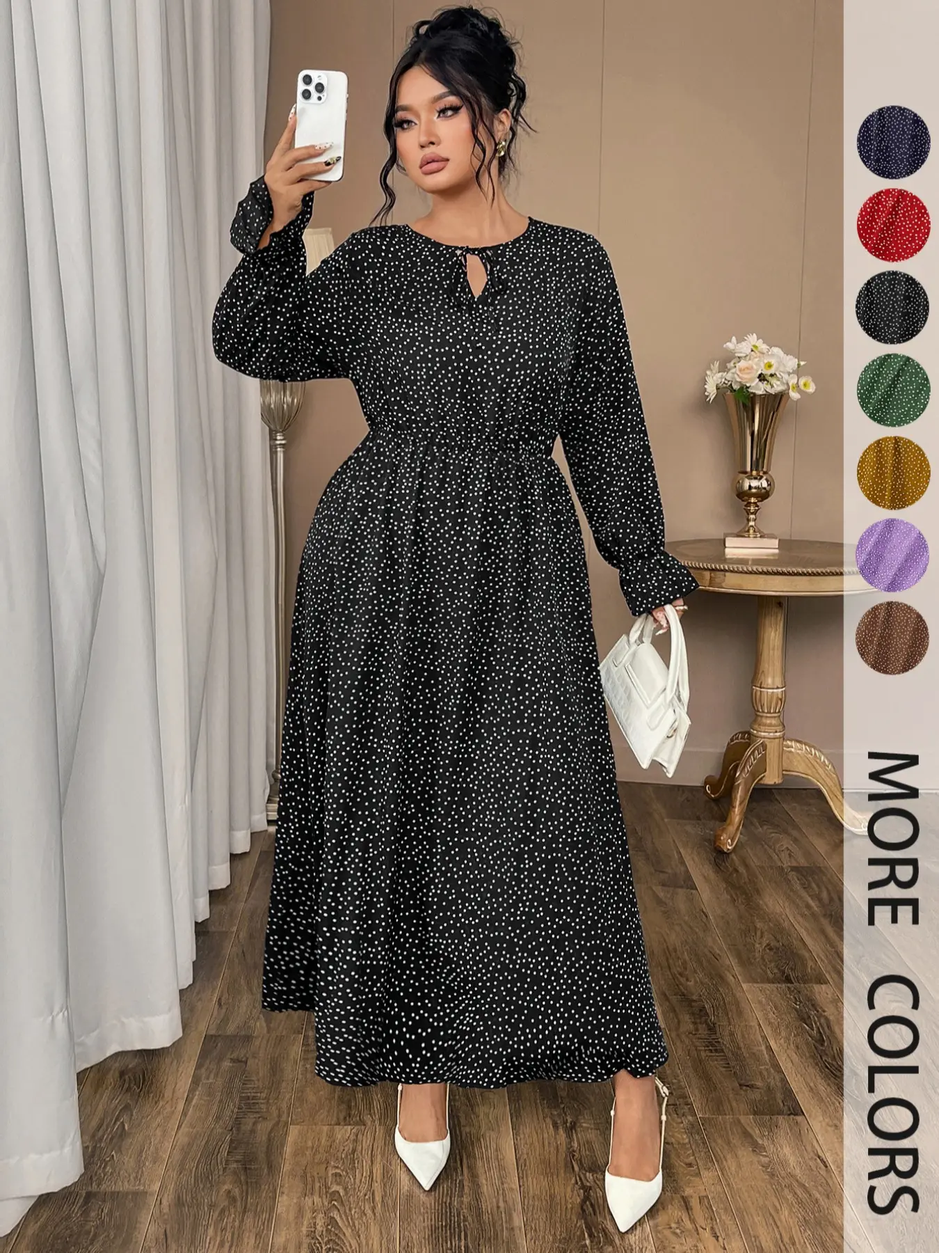 Plus Size Polka Dot Long Woven Fabric Long Sleeve Dress for Women, Spring Casual Fitted Fashionable Comfortable Wear, Available in Multiple Colors, Perfect for Any Occasion