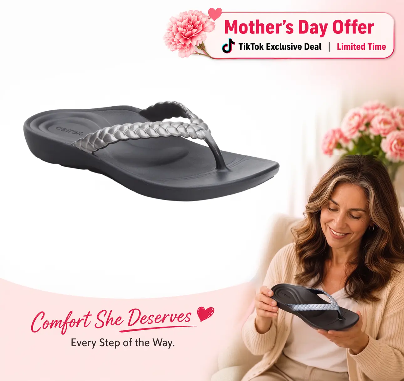 Aetrex Vicki Braided Thong Sandal - Pewter Gloss | Arch Support Sandals for Foot Pain Relief & All-Day Comfort | Lightweight Walking Flip Flops