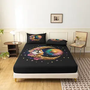 3pcs Black Golden Crescent Moon Sun Face Fitted Sheet, Vintage Blossom Cosmic Print Bedding- Bedroom Guest Room And Dorm Room(1 Fitted Sheet + 2 pillowcasesm,No Pillow)