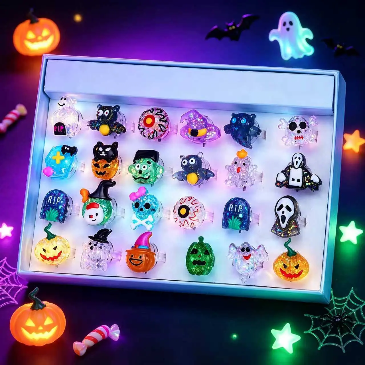 2026 Halloween Resin LED Flashing 3D Rings Bulk (24Pcs) for Kids, Festive Party Favors & Gift Bag Fillers, Non-Candy Prize Decorations (Home & Party Supplies Accessory)