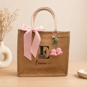 Personalized Jute Tote Bag with Name, Initial & Crochet Charm Gift Bag