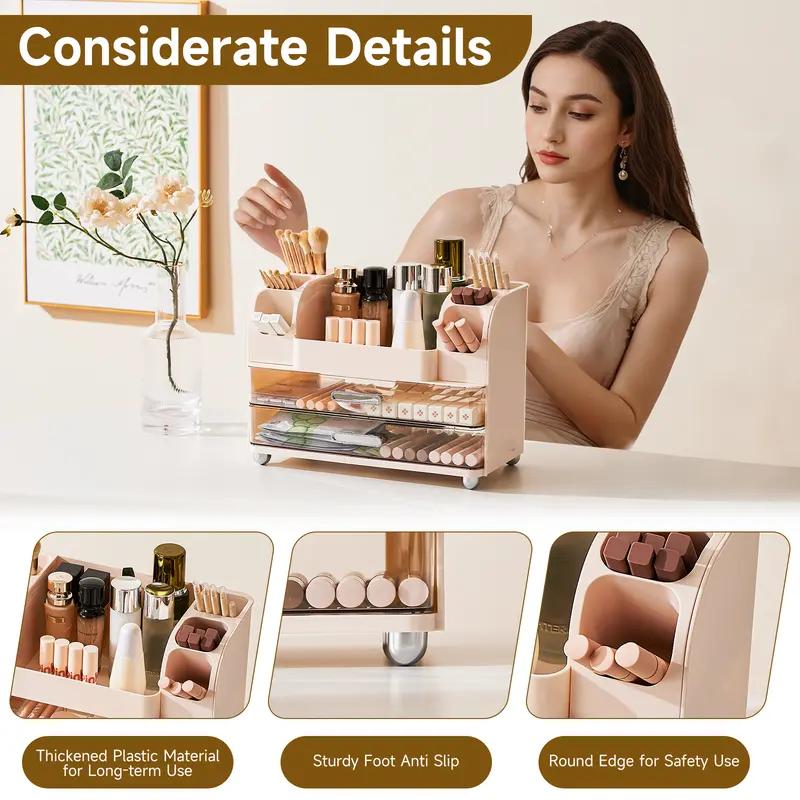 Makeup Organizer for Vanity with 2 Large Drawers, Cosmetic Display Case with Brush Holders, Easy to Storage for Bathroom Countertop Skincare, Desk Office Supplies, jewelry organizer.