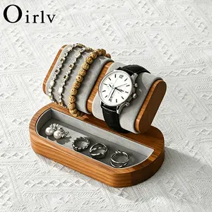 Oirlv Wood Watch Display Stand Microfiber Watch Holder Jewelry Organizer Rack for Rings Earrings Bracelets Minimalist Home Decor Gift Grey Beige