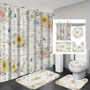 4 Pcs Spring Daisy Shower Curtain Set with Non-Slip Rugs, Toilet Lid Cover and Bath Mat, Countryside Flowers Bathroom Decor Set with with 12 Hooks Bathoom Decor