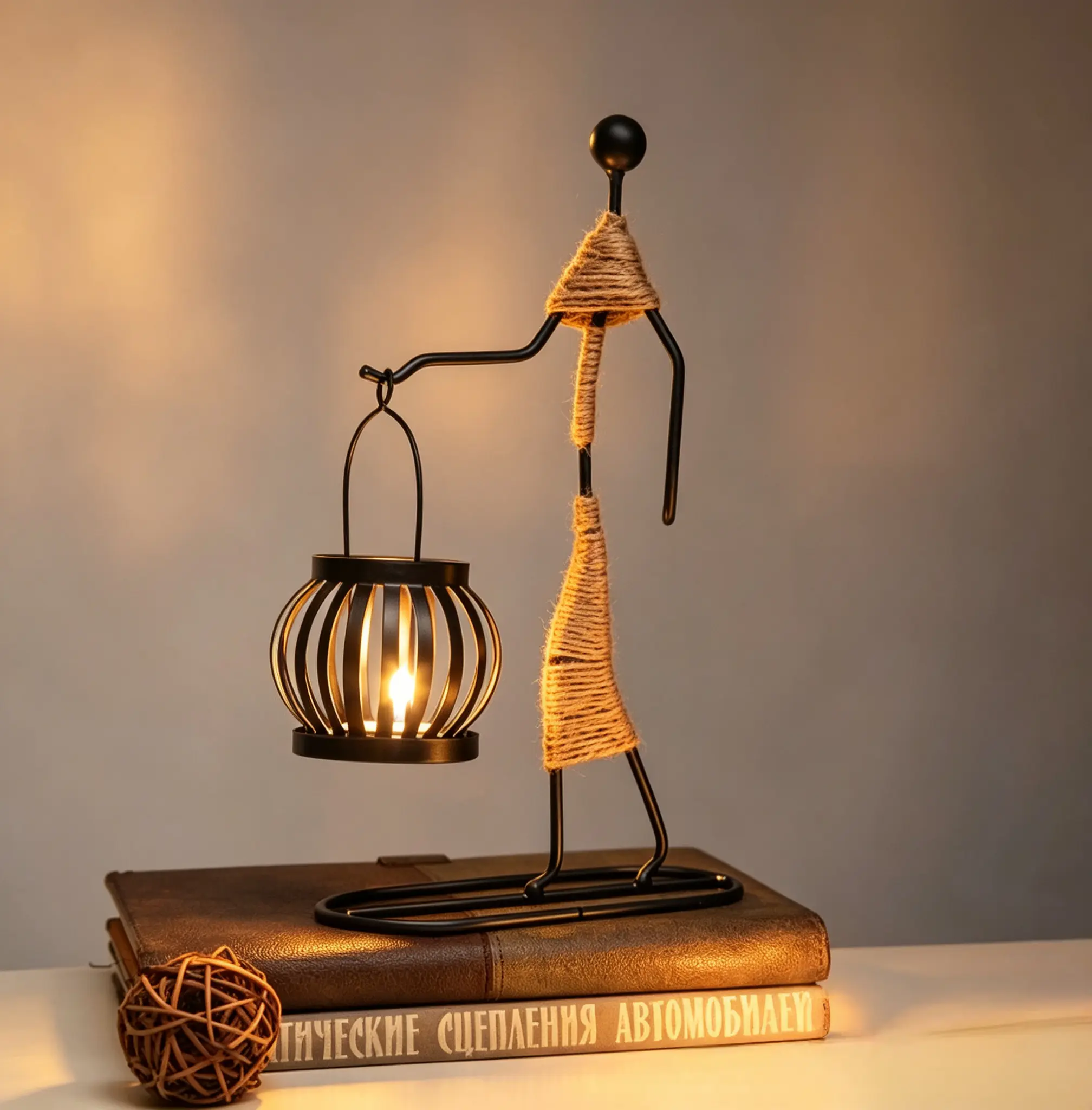 Rustic Metal Figurine Tealight Candle Holder - Woven Hemp-Wrapped Lantern Stand, Decorative Tabletop Home Decor for Living Room, Outdoor Spaces