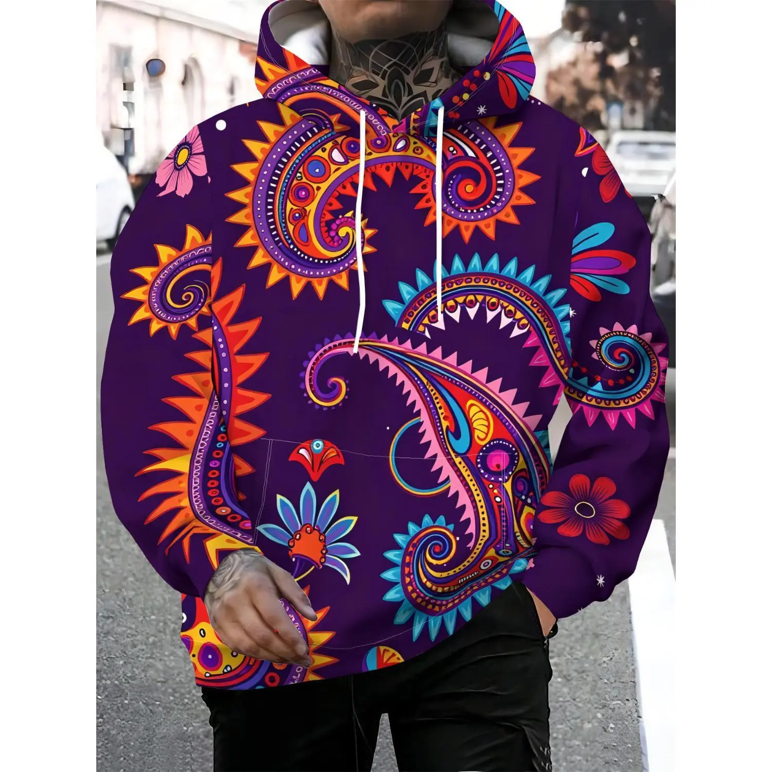 Discover the Future of Men's Streetwear: A Vibrant Deep Purple Pullover Hoodie with Colorful Paisley and Floral Designs, Bursting with Artistic Flair and Diverse Patterns