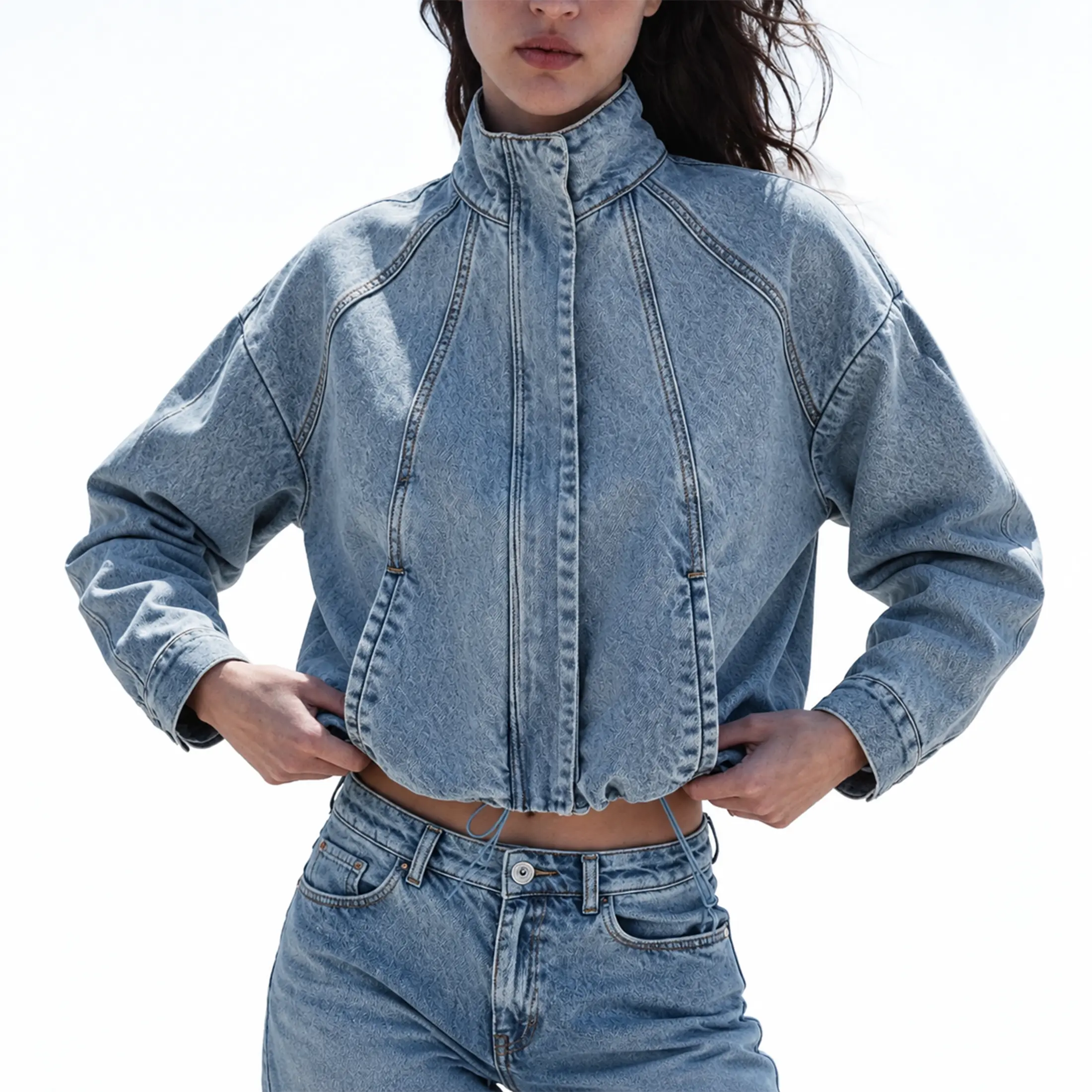 Buenoble Y2K Women Cropped Denim Bomber Jacket, Oversized Stand Collar Zip‑Up Jean Jacket, Long Sleeve Light Wash Casual Streetwear Outerwear