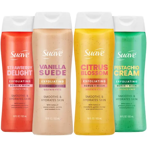 Suave Exfoliating Body Wash Collection, Variety 4-Pack, 18 Fl Oz Ea