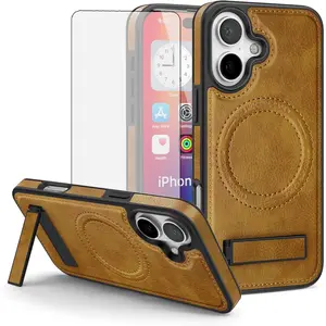 Asuwish Phone Case for iPhone 17 6.3 inch Cell Cover with Magnetic Tempered Glass Screen Protector and PU Leather Charging Soft Kickstand Hard Holder Accessories i Phone17 i17 17Case Women Men Brown