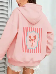 Vintage Style Striped Lobster Print Hoodie, Sweet Girl Casual Fitted Sweatshirt, Elegant Daily Wear for Fall & Winter, Light Social Occasions, Womenswear