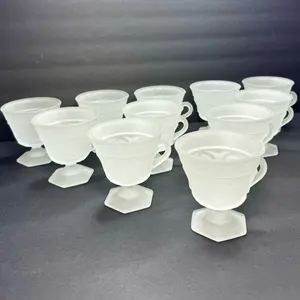 Tiara Brand Set of 11 Frosted Indiana Glass Tiara Provincial Satin Glass Footed Punch Cups Vintage Art Deco Style 1970s Made in USA