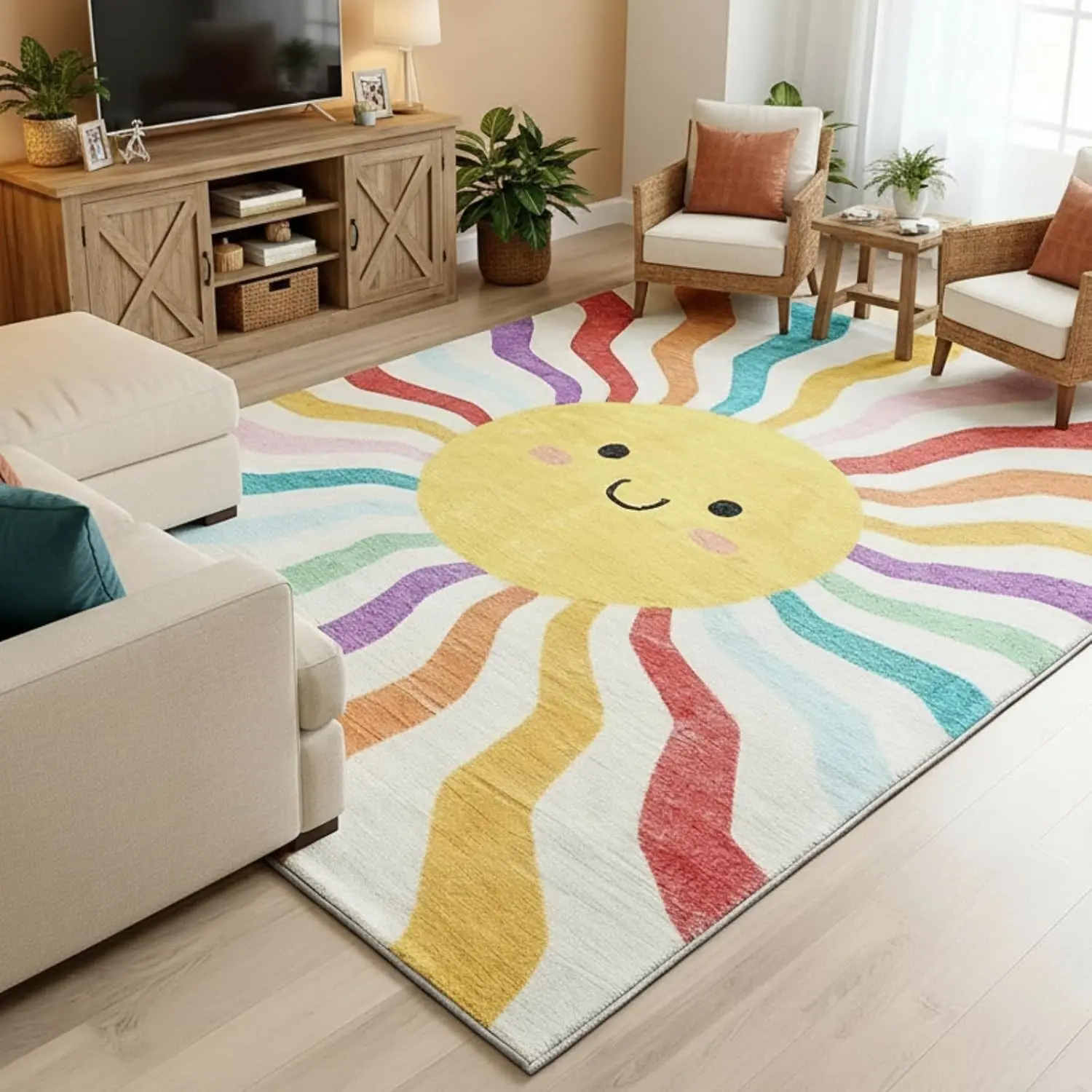 6 x 4 ft Sunshine Classroom Rug, Smile Face Rainbow Reading Rug Designed for Reading Nooks, Creates a Calm Space, Fade Resistant, Loop Fabric with TPR, Nursery, Playroom & Homeschool
