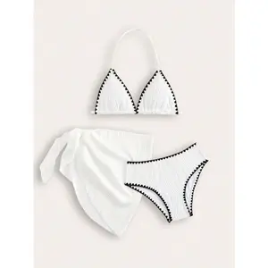 Tween Girl New Fashionable Colorblock Trim Bikini Set, Special Fabric