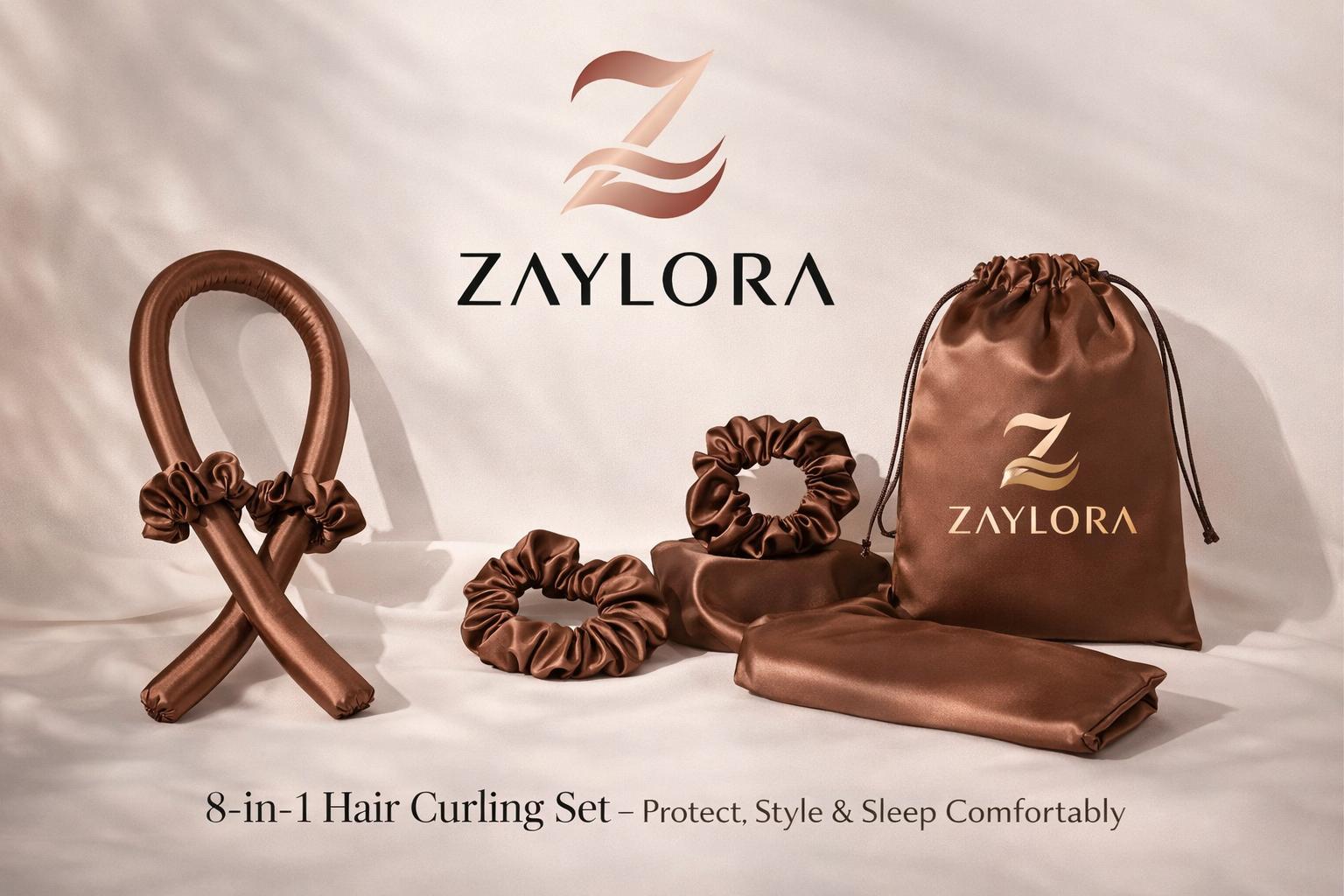 Zaylora 8-in-1 Hair Styling Set – Satin Bonnet, No-Heat Curling Rods, Silk Scarf & Scrunchies with Matching Pouch – Overnight Curls & Hair Protection Kit