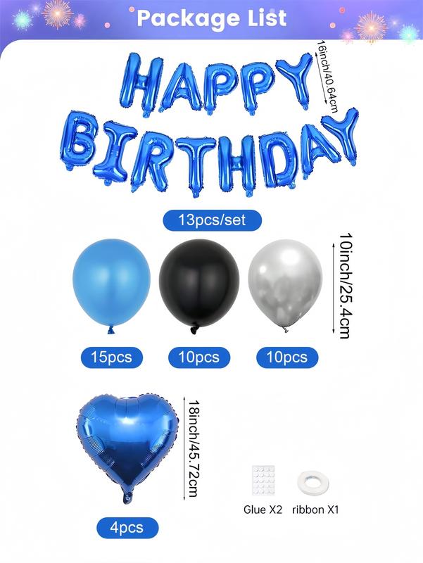 Blue Birthday Party Decorations Set – Blue Happy Birthday Balloon Banner, Latex & Heart Foil Balloons, Elegant Blue Theme Birthday Decor for Men & Women