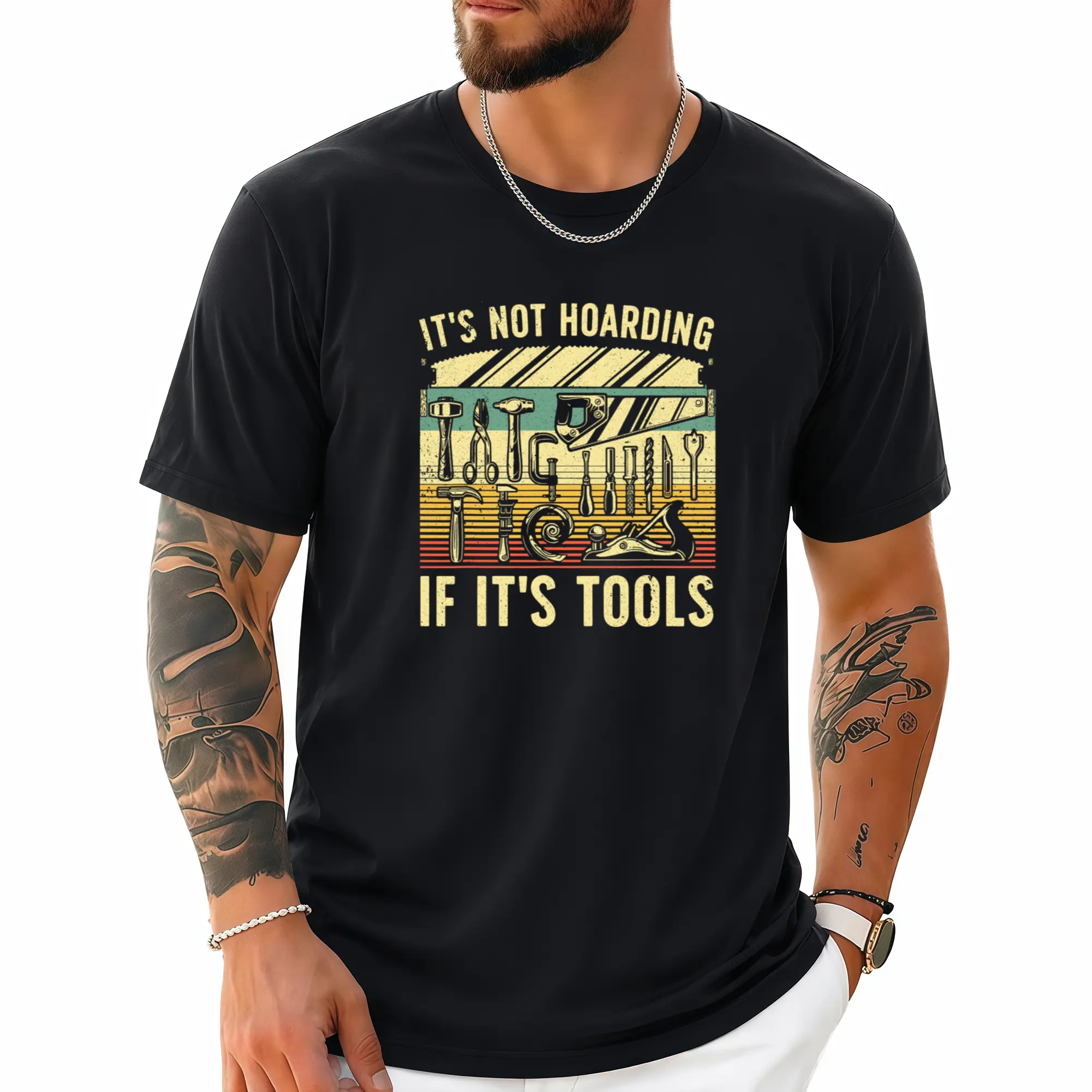 Men's & Women's 100% Cotton Vintage Woodworking Tools T-Shirt - "It's Not Hoarding If It's Tools" Graphic Print, Loose Fit Streetwear Tee, Breathable All-Season Casual Top for DIY Enthusiasts, Woodworkers, Carpenter Apparel