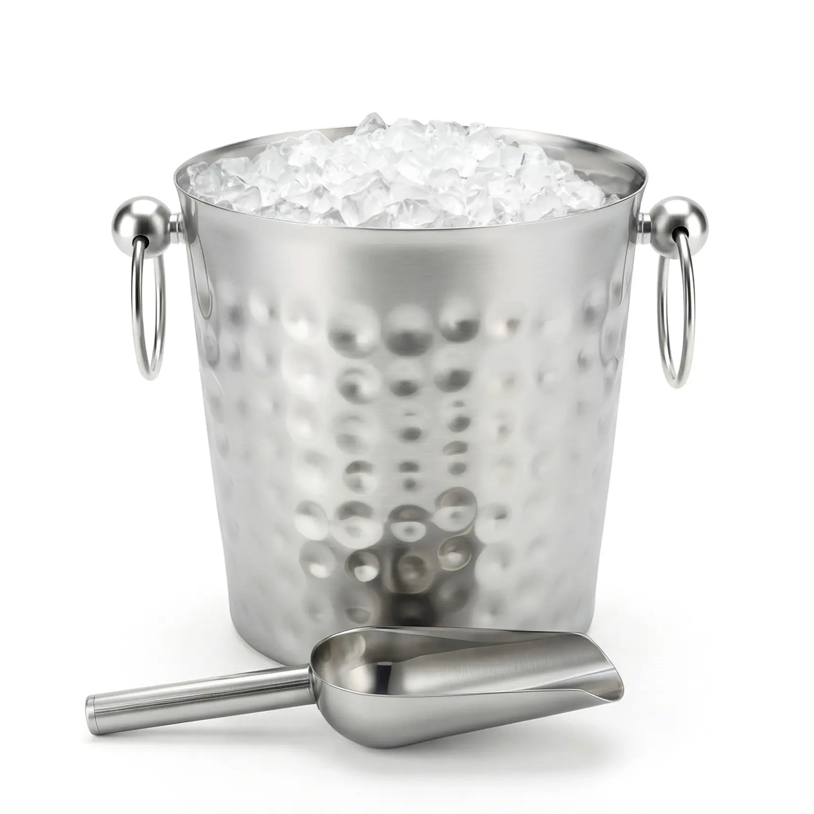Insulated Hammered Stainless Steel Ice Bucket 3L with Scoop – Beverage Tub for Cocktail Bar, Wine Chilling, Parties – Prolongs Ice Retention – Silver