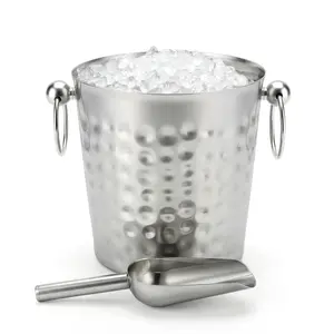 Insulated Hammered Stainless Steel Ice Bucket 3L with Scoop – Beverage Tub for Cocktail Bar, Wine Chilling, Parties – Prolongs Ice Retention – Silver
