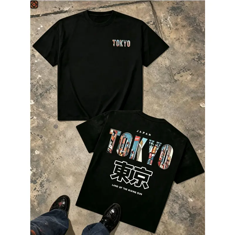 Men’s retro Tokyo city building print t-shirt & hoodie available, double-sided graphic for front and back, japanese-style streetwear casual top, trendy back-to-school outfit for students Crewneck Menswear