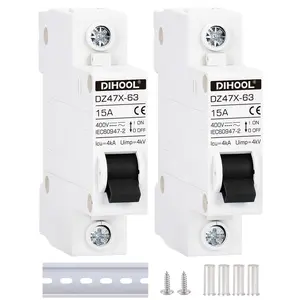 AC/DC Miniature Circuit Breakers, 2 Pack, Single Pole 15 Amp, 12V 24V 48V 400V, Non Polarized, Solar Disconnect Switch, DIN Rail Mount, RV Battery Isolator, PV Array MCB, Thermal Magnetic Trip