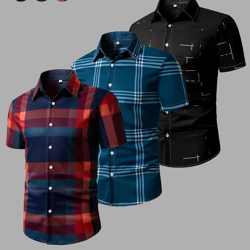 Men's Random Plaid Print Short Sleeve Shirt, Casual Party Shirt, Casual Regular Fit Button Collared Top for Summer, Men's Clothes for Daily Wear, Casual Comfy Shirt, Casual Summer Style