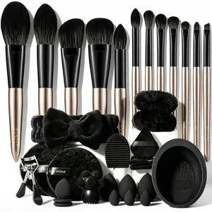 Matte Black Makeup Brush Set Soft Synthetic Face Eye Detail Brushes All In One Black Beauty Kit With Beauty Sponges Powder Puffs Plush Hair Accessories Eyelash Curler Silicone Brush Cleaner Mat Paw Shape Brush Cleaning Tool Makeup Tools For Beginners